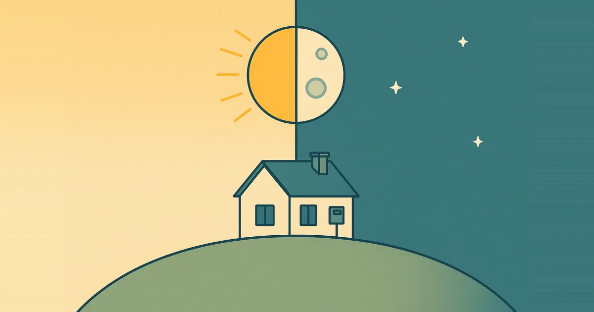 Illustration: ein Haus mit Stromzähler auf einem Hügel, darüber ein Kreis, dessen linke Hälfte die Sonne am Taghimmel und dessen rechte Hälfte der Mond am Nachthimmel ist