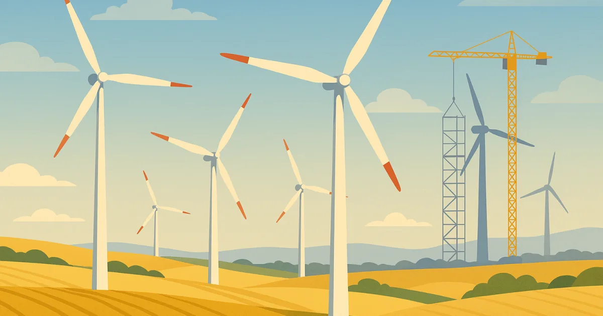 Ein Windpark in Betrieb im goldenen Sommerlicht, im Hintergrund ein noch unfertiges Windrad mit Baukran