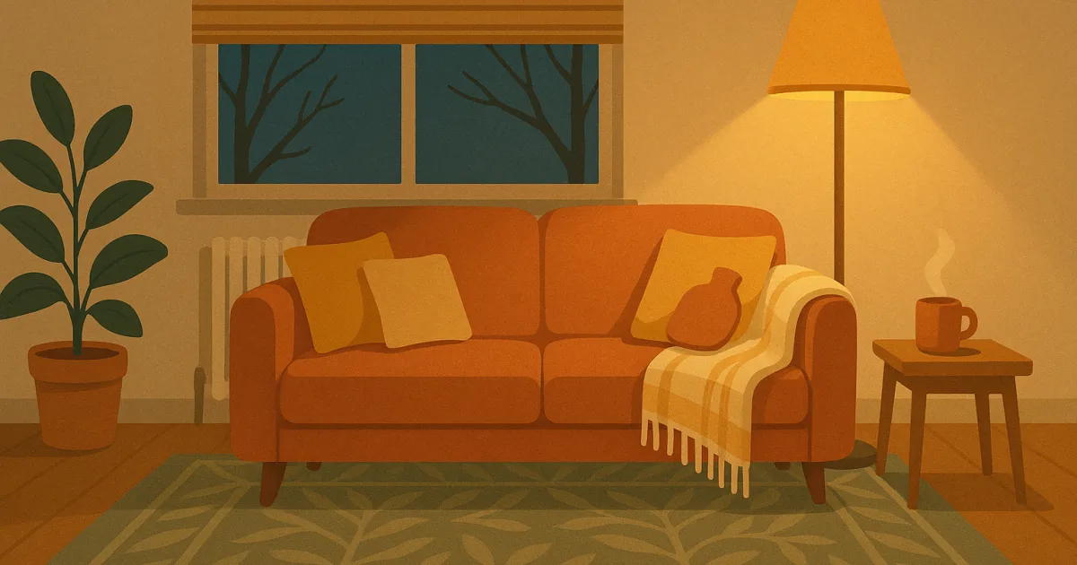 Wohnzimmer am Herbstabend mit Decke und Wärmflasche auf dem Sofa, Teppich am Boden und Heizkörper unter dem Fenster